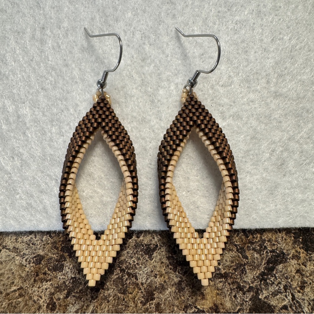 Brown Tan‎ Folded Leaf Petal Seed Bead Earrings Handmade Elegant Jewelry